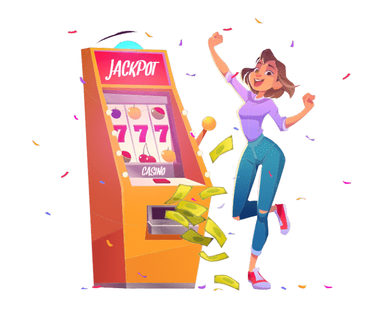 Image showing a young lady hitting a jackpot on a slot machine with a good return to player or RTP percentage.